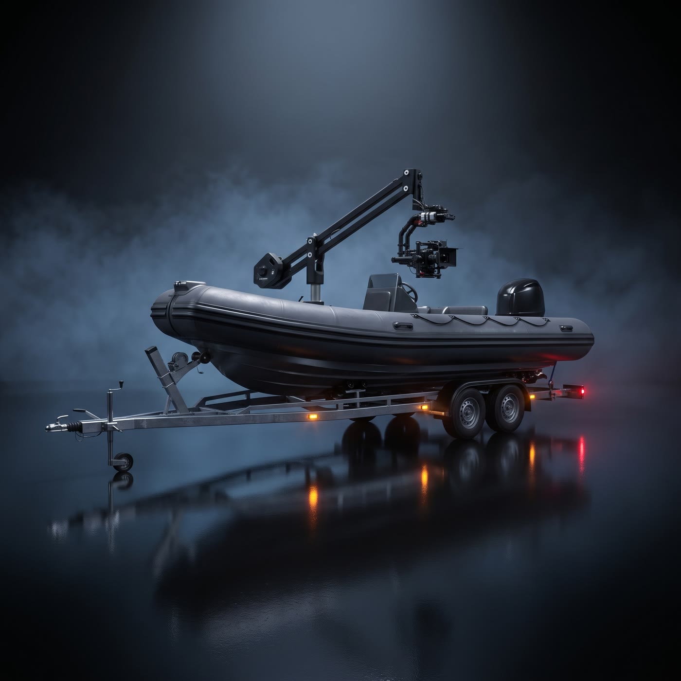 The Cinema Cars camera boat, a dark grey rigid inflatable with a camera crane, on its trailer