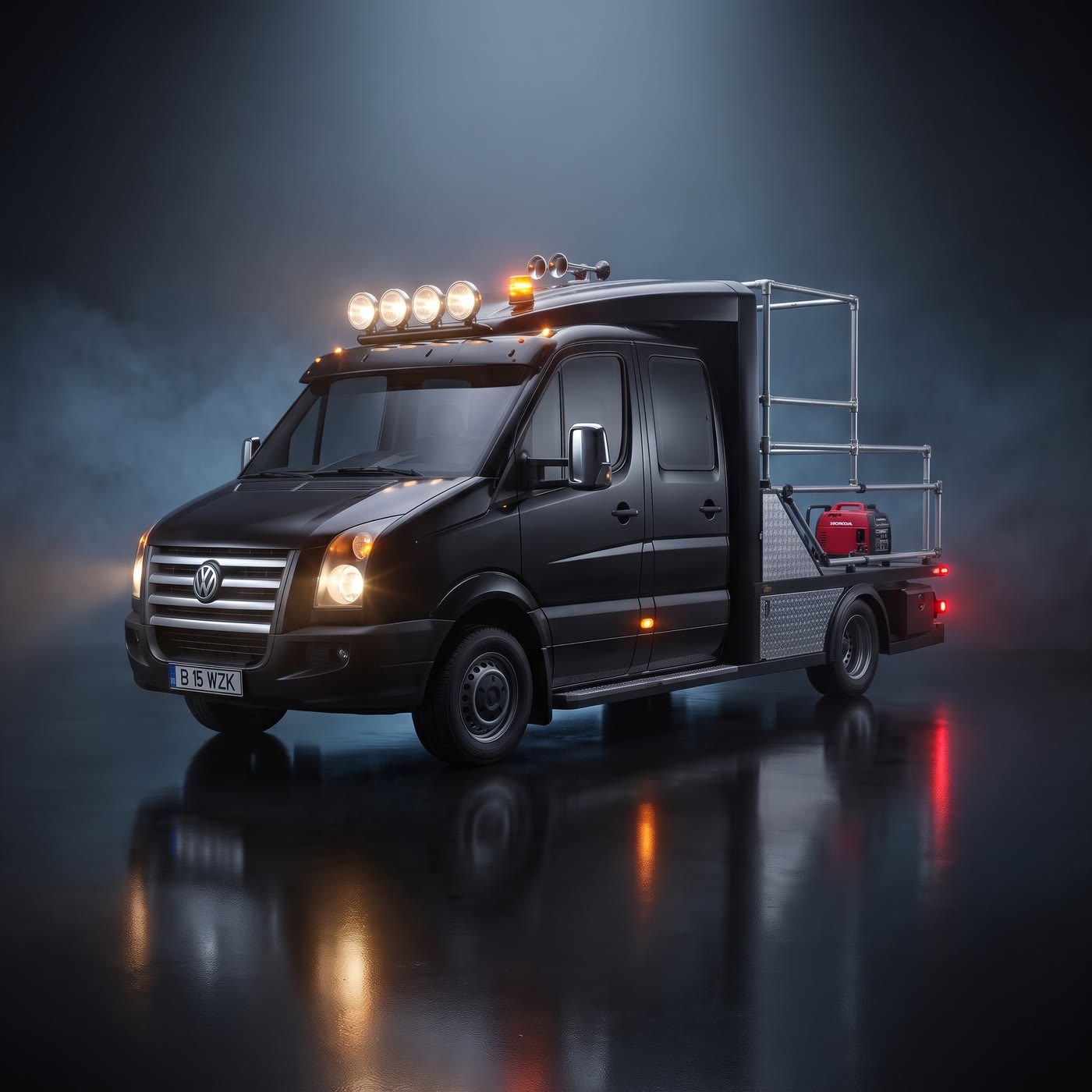 The Cinema Cars tracking vehicle: a black Mercedes crew-cab truck with its rigged platform